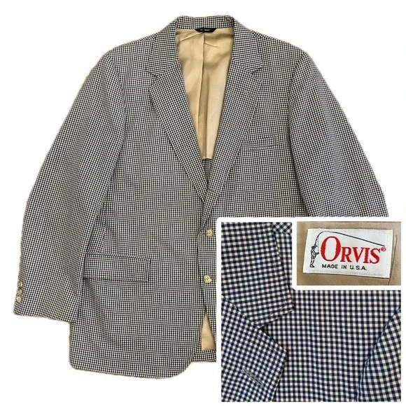 Vintage Orvis Gingham Check Blazer Mens 46R Navy Tan Sport Coat Union Made USA - Picture 1 of 16